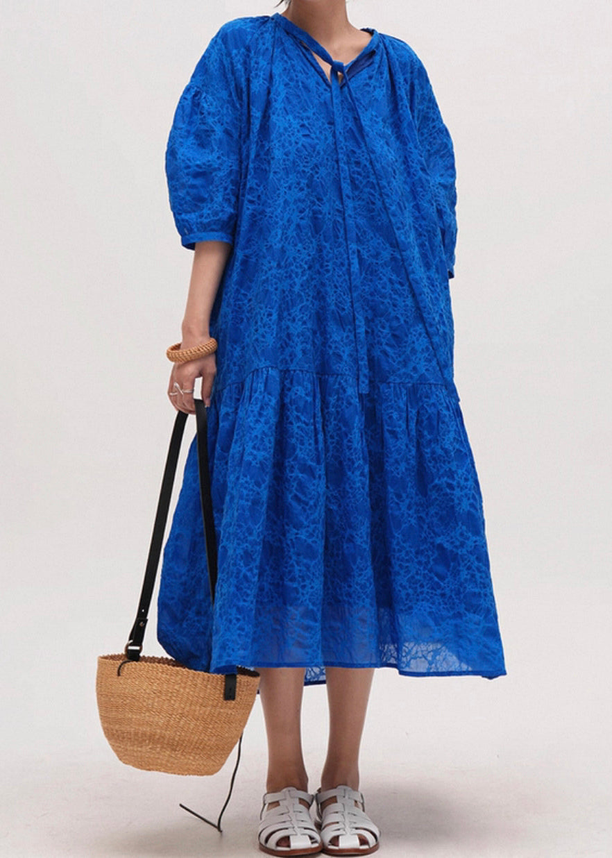 Blue Print Pockets Lace Up Cotton Long Dresses Half Sleeve Fall