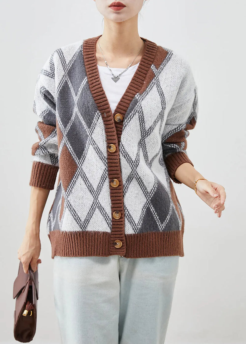 Khaki Oversized Plaid Knit Jacket Fall