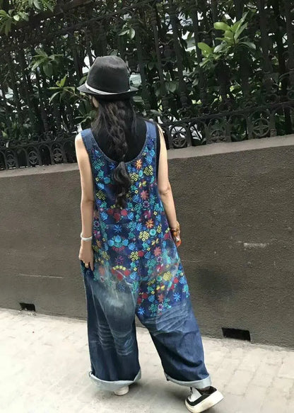 Boutique Print Blue Jeans Overall Jumpsuit