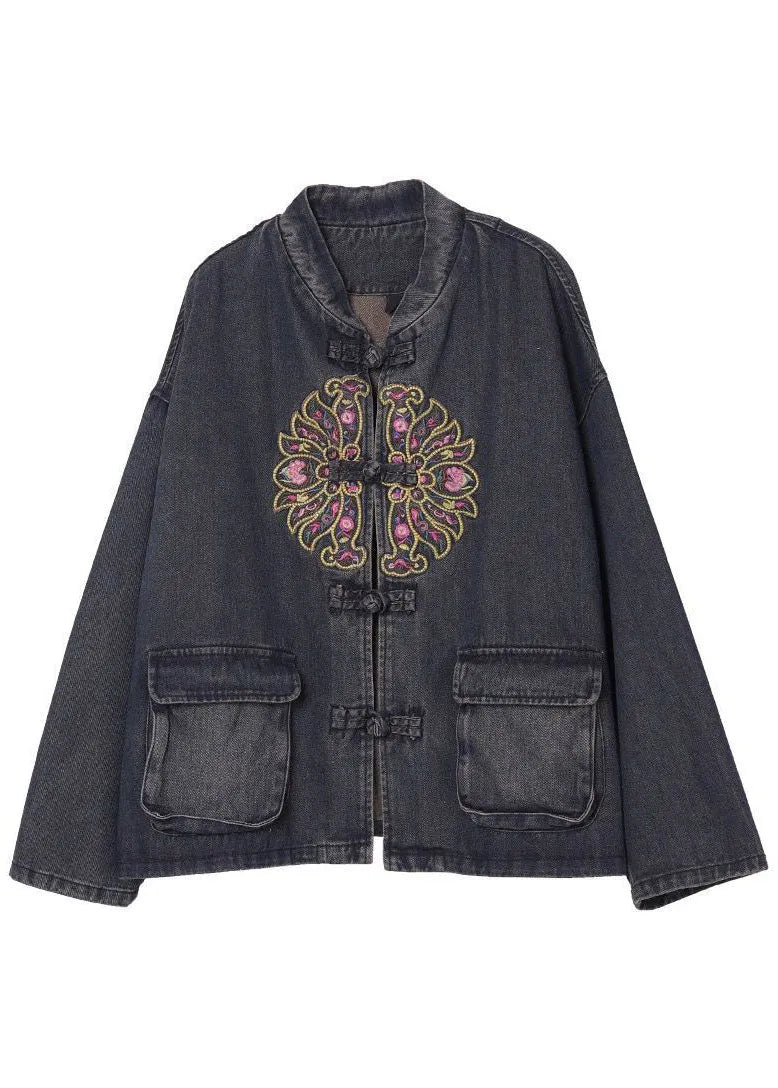 Black Button Embroideried Pockets Spring Denim Jackets