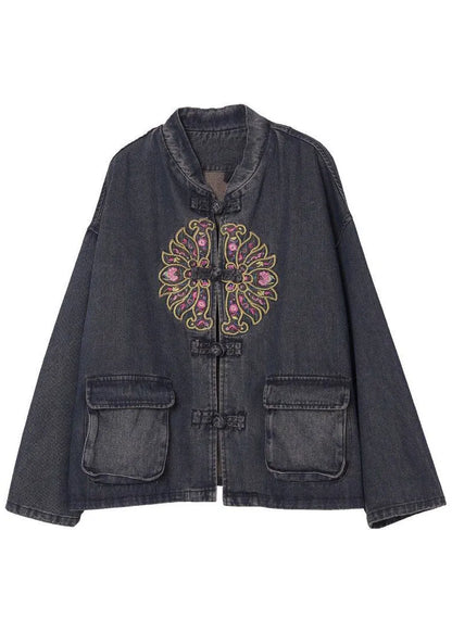 Black Button Embroideried Pockets Spring Denim Jackets