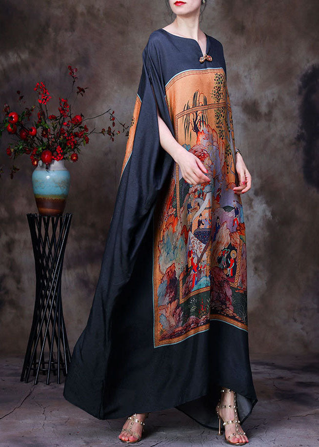 Black V Neck Print Party Long Dress for Batwing Sleeve