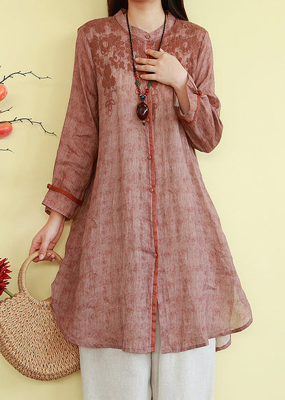 Dark Orange Button Linen Blouses Stand Collar Long Sleeve