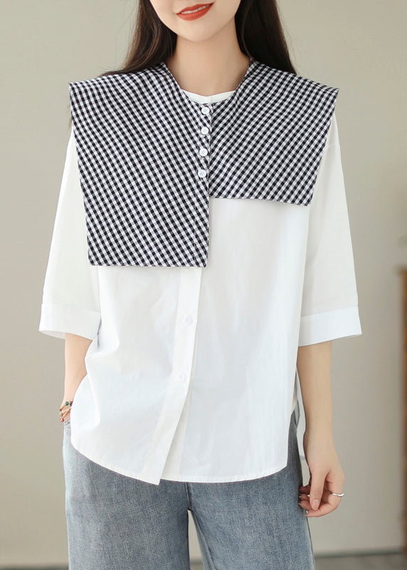 Organic White Plaid Button Shawl and Shirts Two Pieces Set Summer
