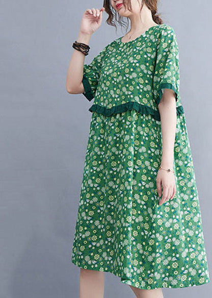 Art Green O-neck Print Patchwork Ruffles Cotton Linen Mid Dresses Short Sleeve