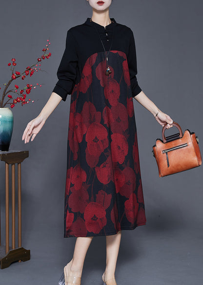 Red Mandarin Collar Print Cotton Holiday Dress Spring