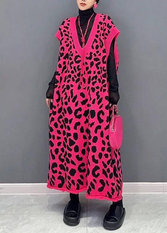 Rose Leopard V Neck Cotton Knit Waistcoat Long Dresses Sleeveless