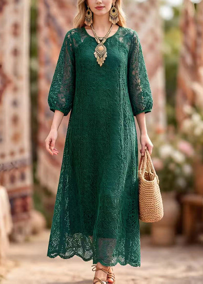 Blackish Green O Neck Hollow Out Lace Dresses Summer