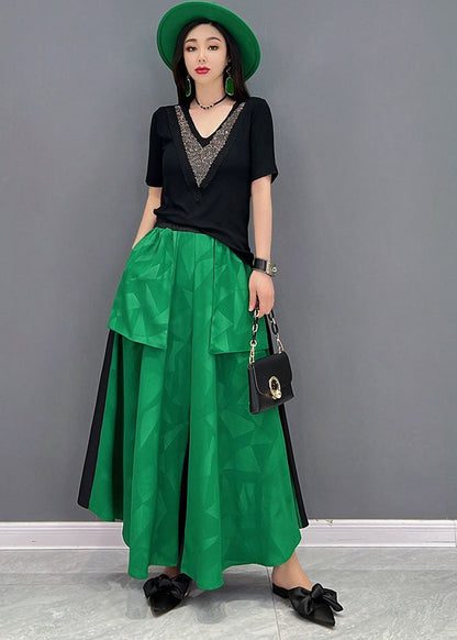 Green V Neck Patchwork Big Pockets Cotton Two Piece Suit Set Summer