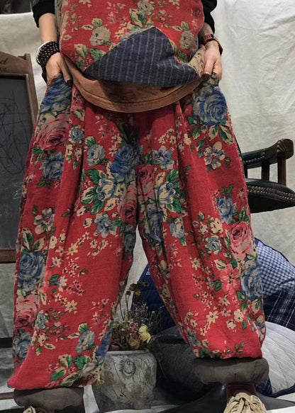 Modern Red Oriental Print Thick Harem Spring Pants