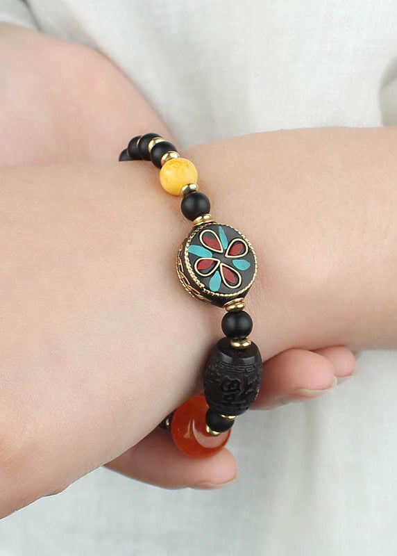 Black Coloured Glaze Pearl Beeswax Clover Charm Bracelet