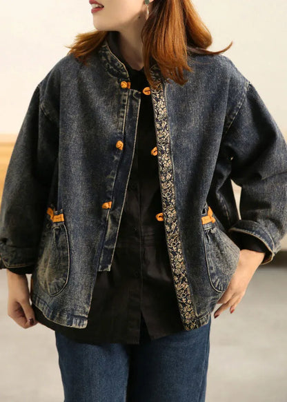 Blue Stand Collar Oriental Button Pockets Patchwork Cotton Denim Coat Outwear Long Sleeve
