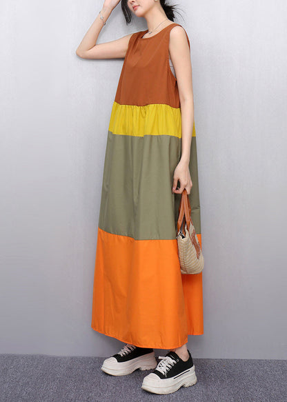 Italian Orange Oversized Patchwork Cotton a Line Dress Sleeveless