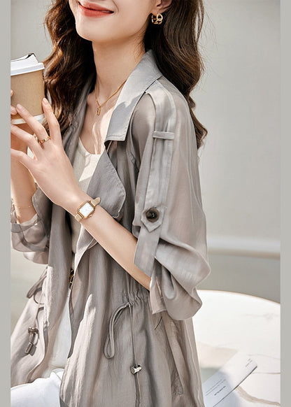 Grey Peter Pan Collar Drawstring Cotton Thin Coats Fall