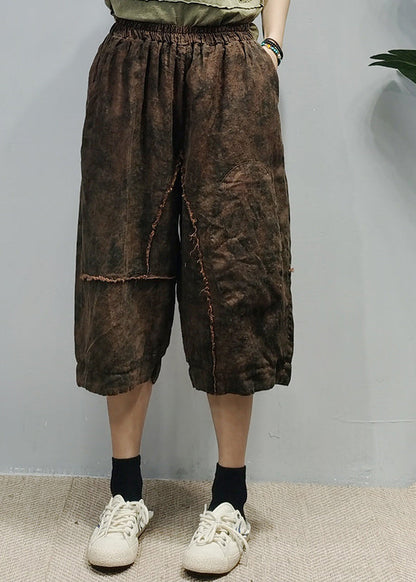 Retro Mulberry Elastic Waist Pockets Patchwork Linen Three Quarter Pants Spring