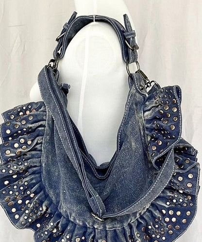 European and American Large Capacity Ruffled Rivet Denim Shoulder Bag