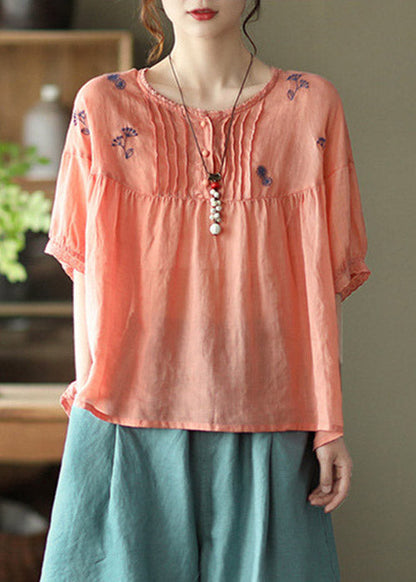 Orange O-neck Embroideried Linen Tops Half Sleeve