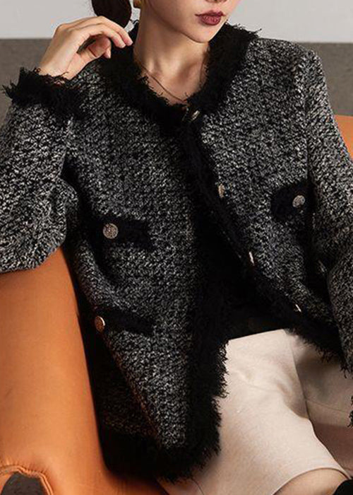 French Black O-neck Button Patchwork Cotton Coat Spring