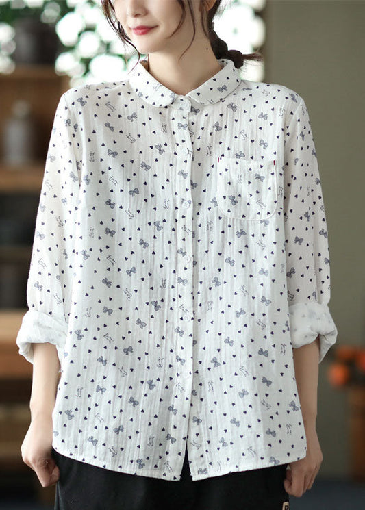 White Peter Pan Collar Print Patchwork Cotton Shirts Top Spring
