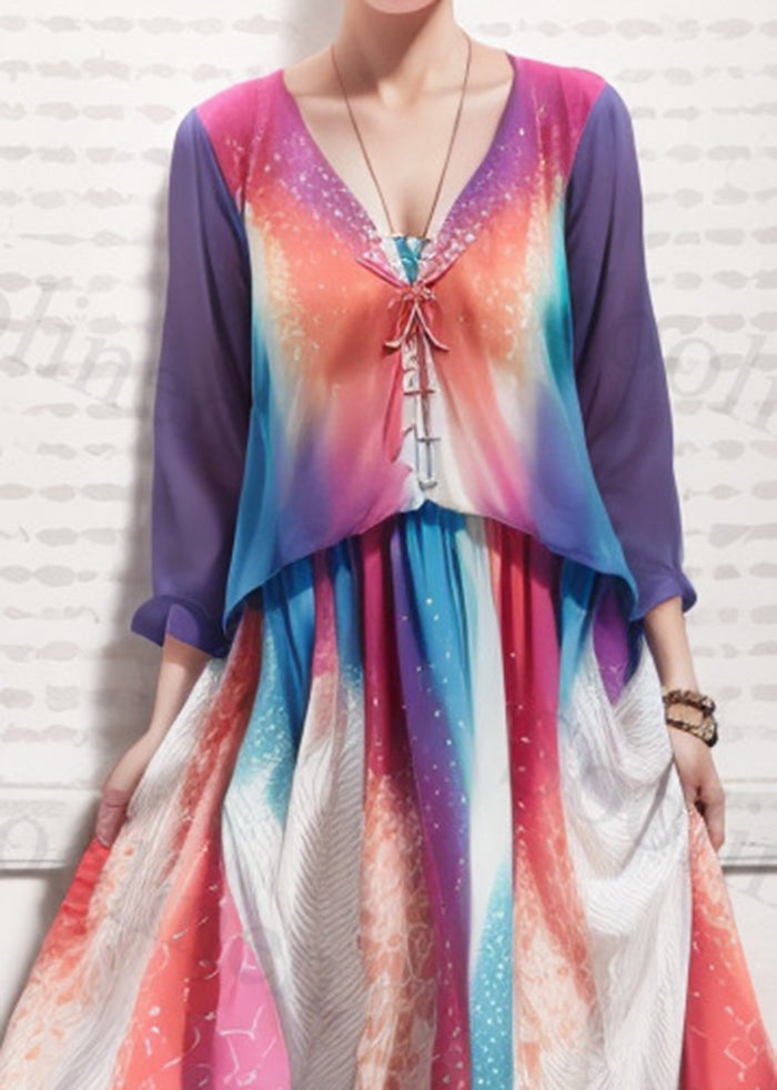 Gradient Color V Neck Print Silk Maxi Dresses Summer