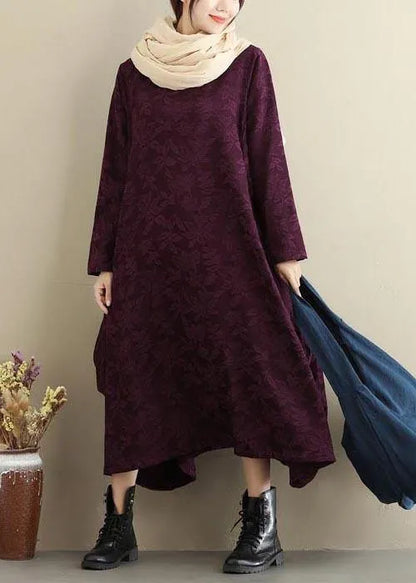 Loose Purple Jacquard Outfit O Neck Asymmetric Traveling Spring Dresses