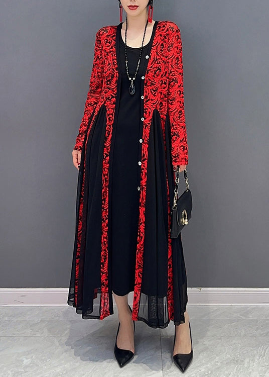 French Red O-neck Print Tulle Maxi Dresses Spring