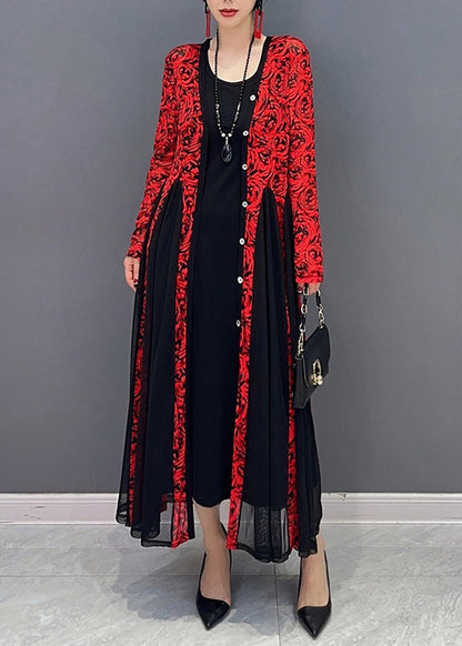 French Red O-neck Print Tulle Maxi Dresses Spring