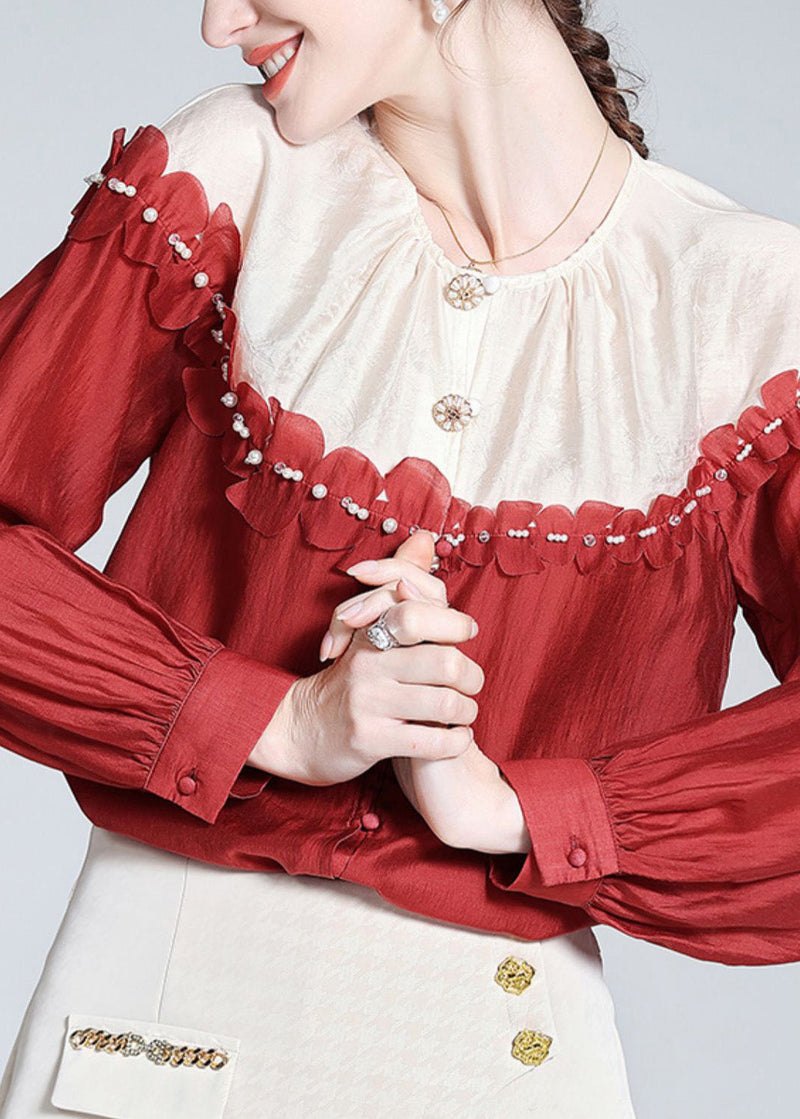 Red O-neck Patchwork Button Silk Shirt Long Sleeve
