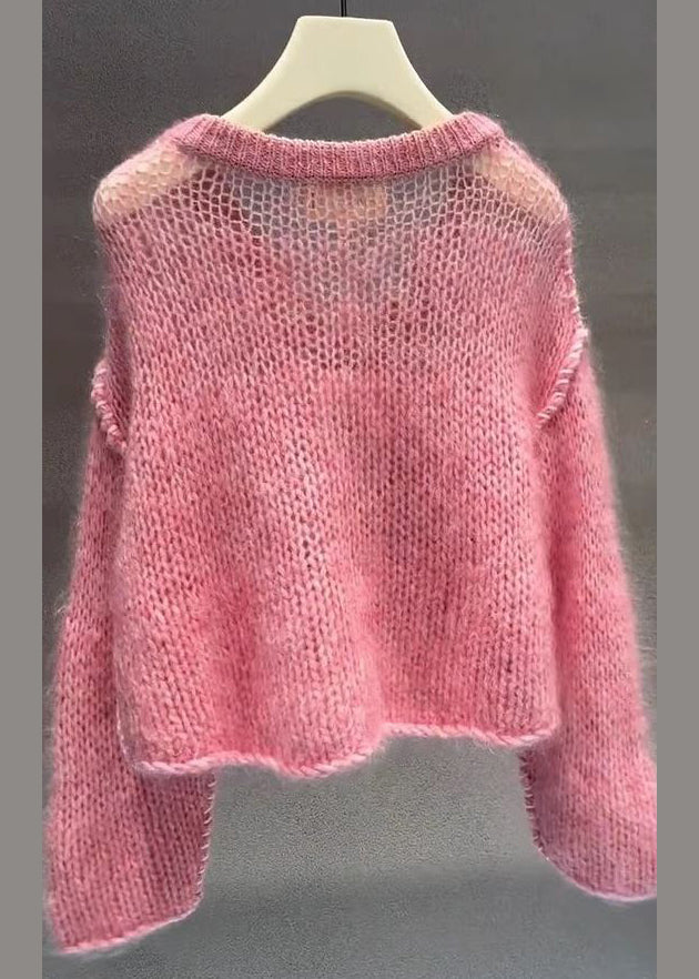 Pink V Neck Hollow Out Cotton Knit Sweaters Fall