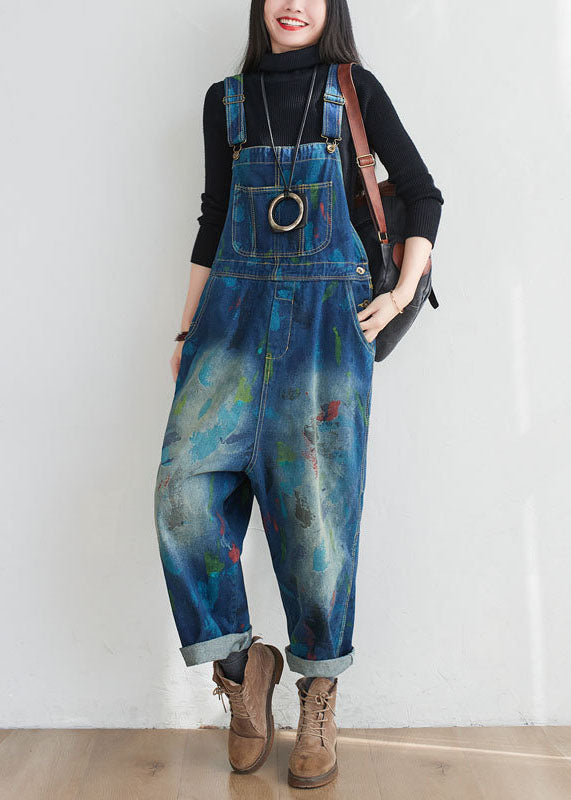 Blue Patchwork Print Denim Jumpsuit Spring