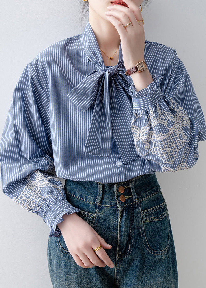 Blue Striped Bow Cotton Blouses Lantern Sleeve