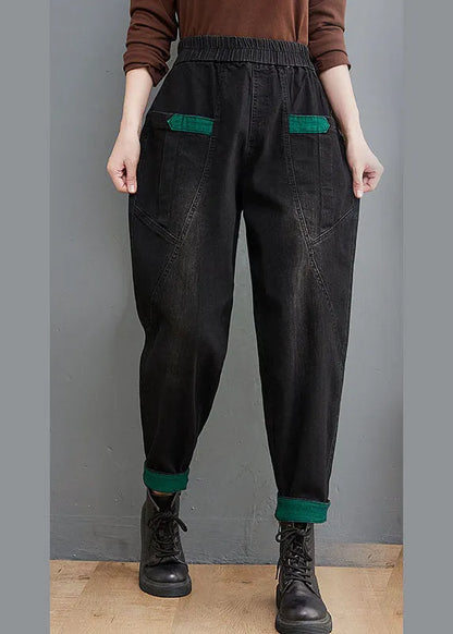 Style Black Pockets Patchwork Denim Pants Spring