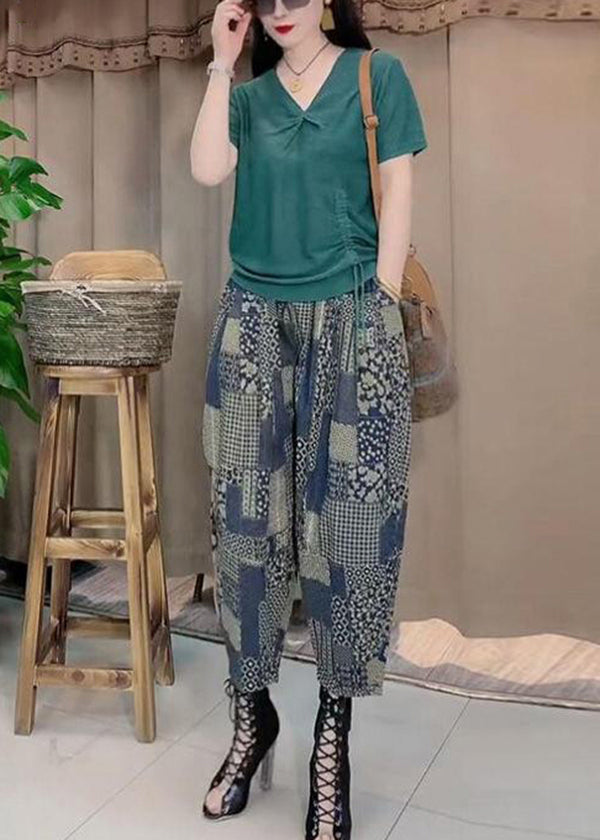 Simple V Neck Drawstring Cotton Tank Tops and Harem Pants Two Pieces Set Summer