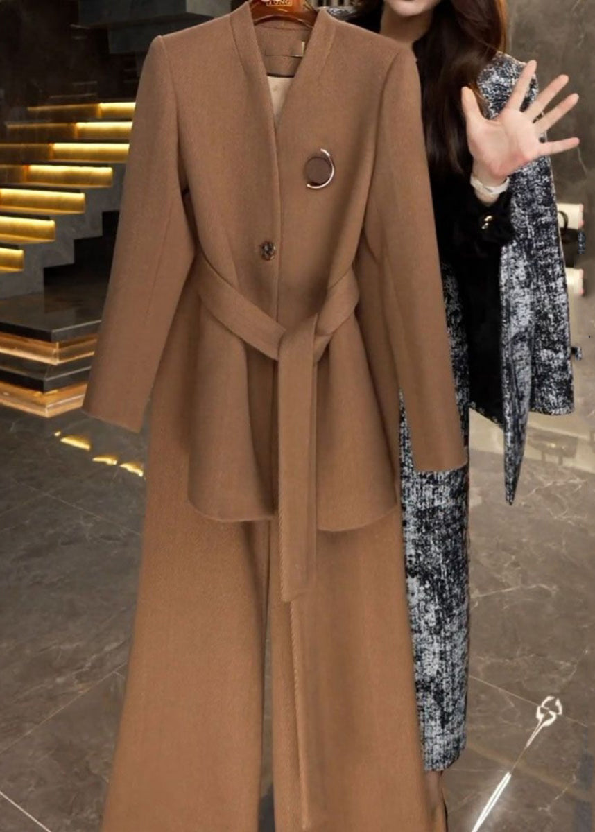 French Caramel Tie Waist Coats and Wide Leg Pants Two Piece Set Winter