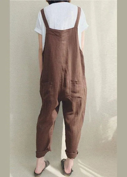 Color Cotton Strappy Pocket Loose Harem Jumpsuit