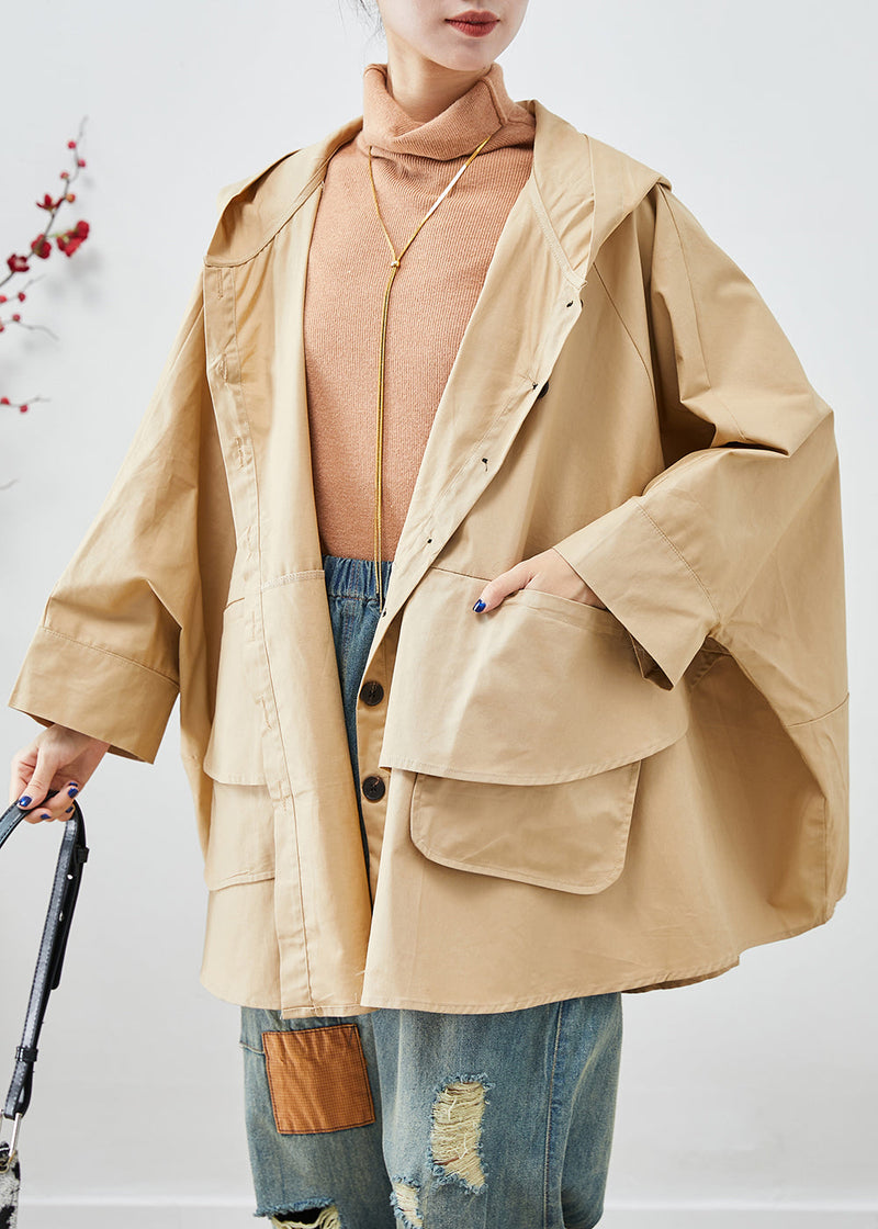 Khaki Oversized Patchwork Cotton Coats Batwing Sleeve