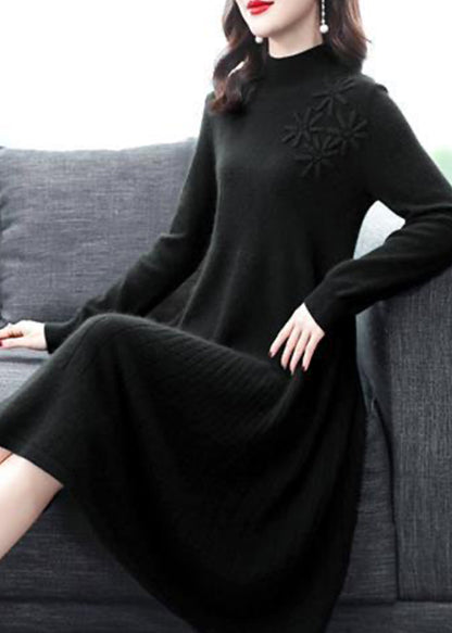 Red Patchwork Woolen Dress Embroideried Turtleneck Fall