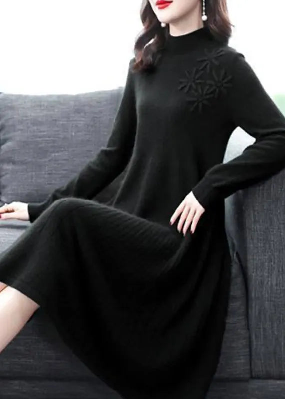 Yellow Patchwork Woolen Dress Embroideried Turtleneck Fall