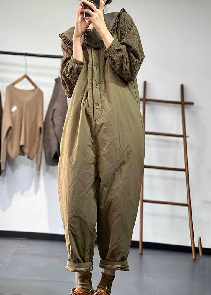 Versatile Green Coffee Button Fine Cotton Filled Jumpsuit Winter