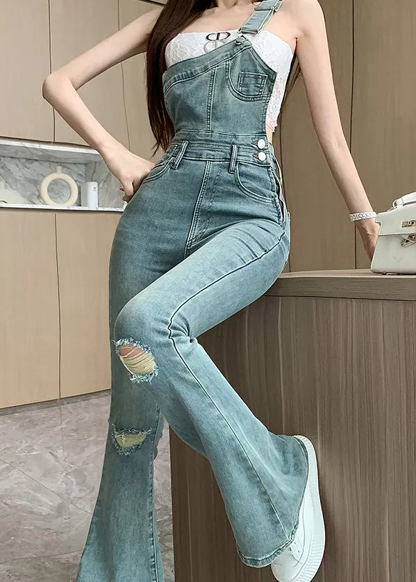 Modern Blue One Shoulder Denim Ripped Jeans Jumpsuit Fall