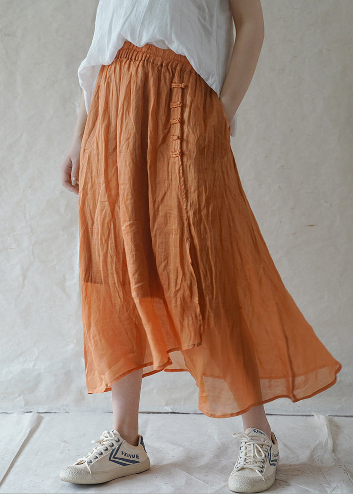 Style Orange Elastic Waist Button Asymmetrical Linen Skirts Spring