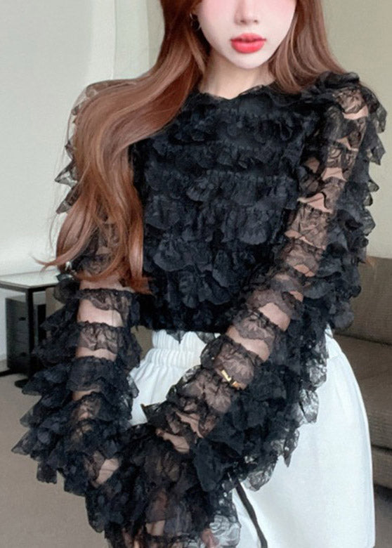 Black O-neck Ruffled Lace Top Long Sleeve