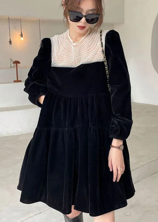Black O-neck Nail Bead Velour Vacation Dress Spring