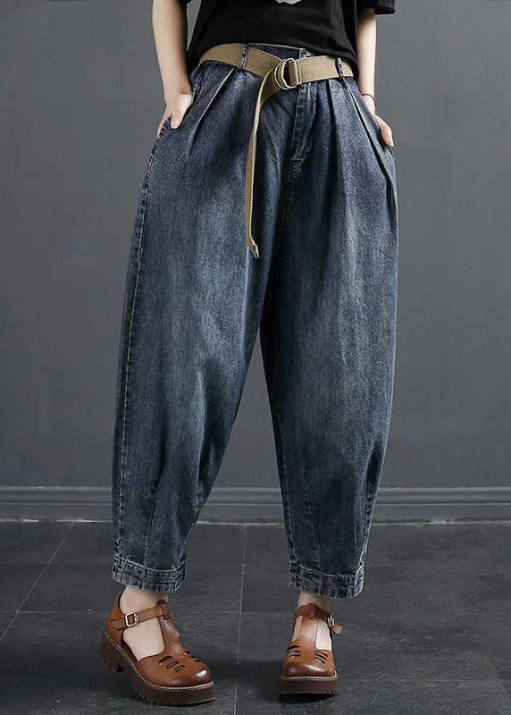 Denim Navy Pockets Patchwork High Waist Lantern Pants Fall