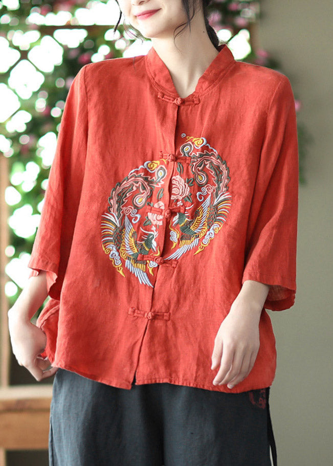 Diy Red Stand Collar Embroideried Linen Shirts Long Sleeve
