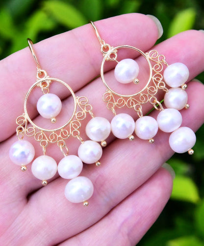 White 14k Gold Pearl Tassel Drop Earrings