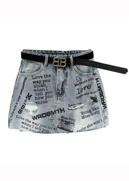 Italian Blue Pockets Letter Print Patchwork Denim Skirt Fall