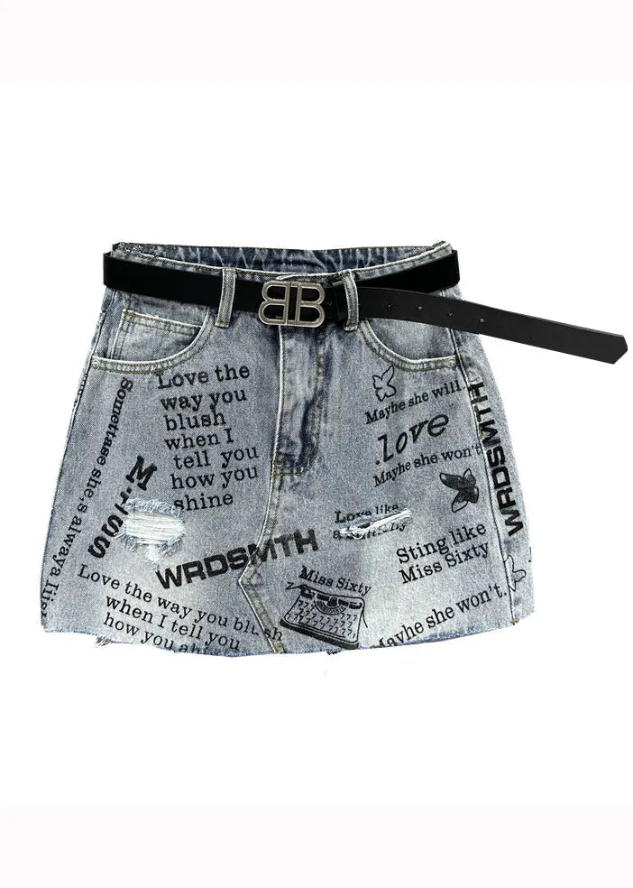 Italian Blue Pockets Letter Print Patchwork Denim Skirt Fall