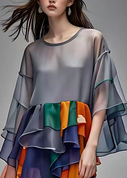 Style Grey O-neck Patchwork Chiffon Maxi Dress Half Sleeve