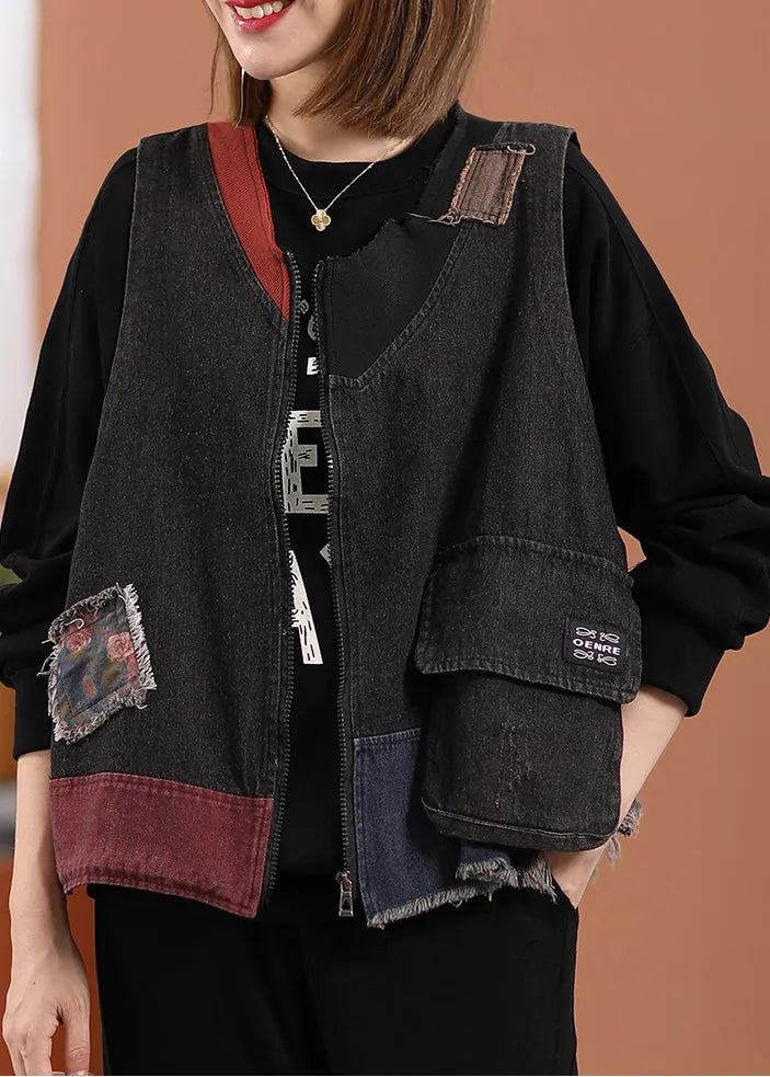 Black O-neck Print Pockets Denim Waistcoat Sleeveless